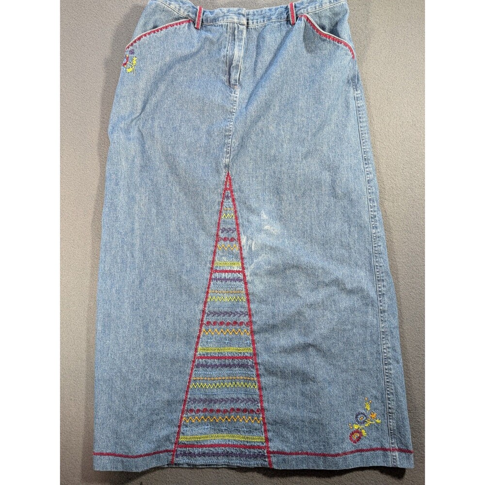 J.Jill Denim Maxi Skirt Womens Embroidered Floral Boho Y2K Long Jean Skirt